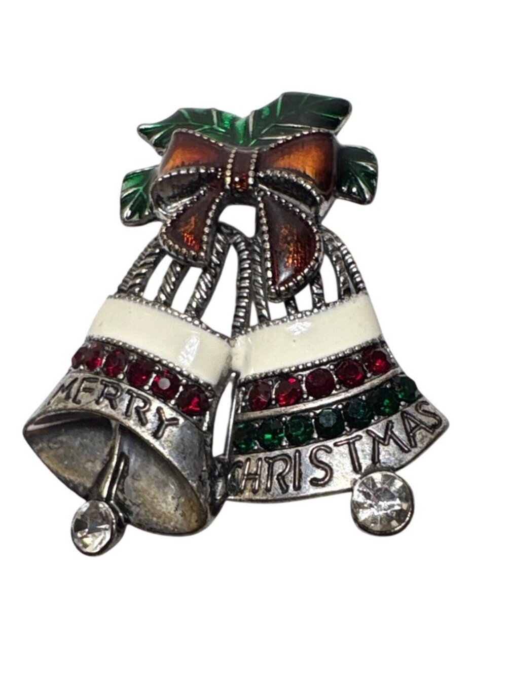 Vintage Rhinestone Merry Christmas Bell Brooch With Enamel Bow Green Red Accents